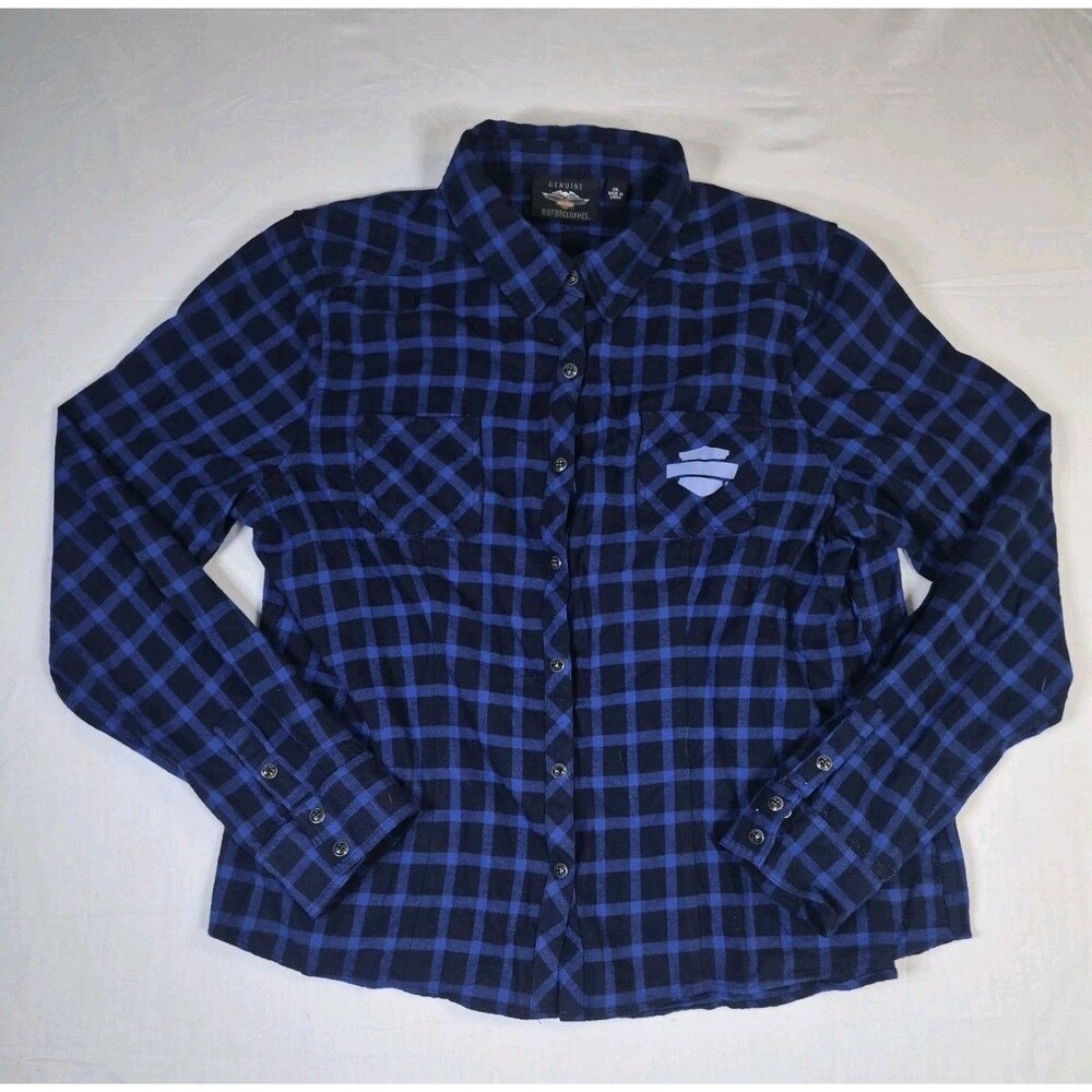 Harley Davidson Shirt Women 2XL Blue Plaid Lightweight Flannel Embroidered